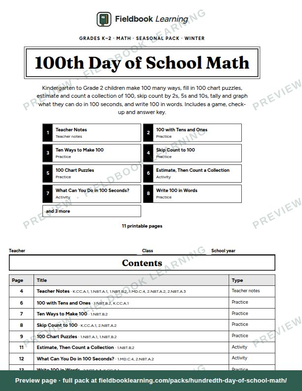 Cover page of 100th Day of School Math