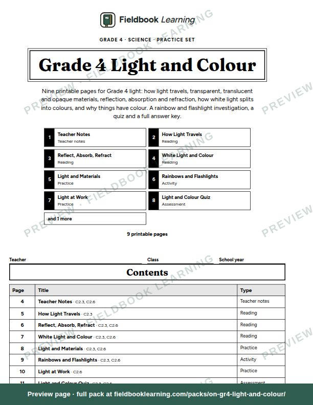 Cover page of Grade 4 Light and Colour