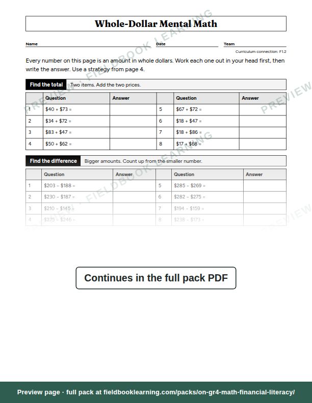 Page: Whole-Dollar Mental Math