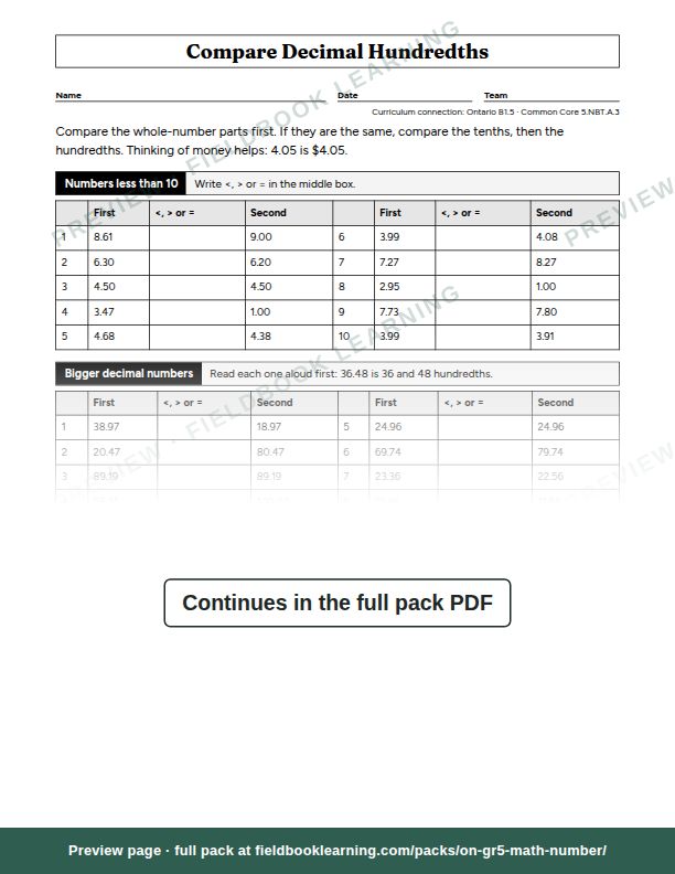 Page: Compare Decimal Hundredths