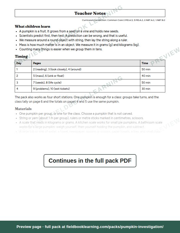 A sample page from Pumpkin Investigation: Measure, Predict, Test