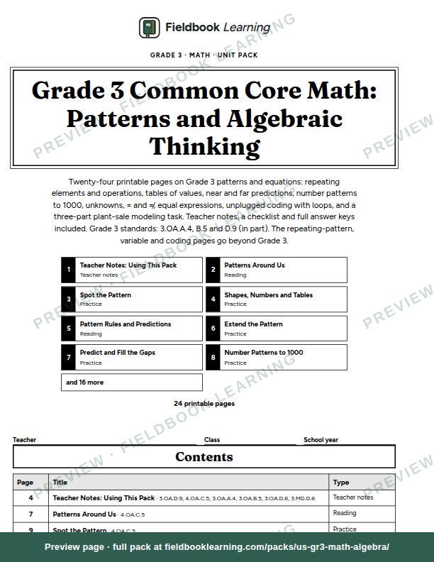 Cover page of Grade 3 Common Core Math: Patterns and Algebraic Thinking
