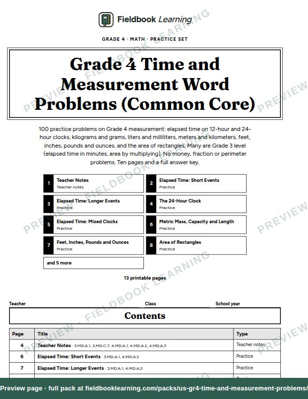 Cover page of Grade 4 Time and Measurement Word Problems (Common Core)