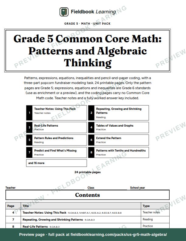 Cover page of Grade 5 Common Core Math: Patterns and Algebraic Thinking