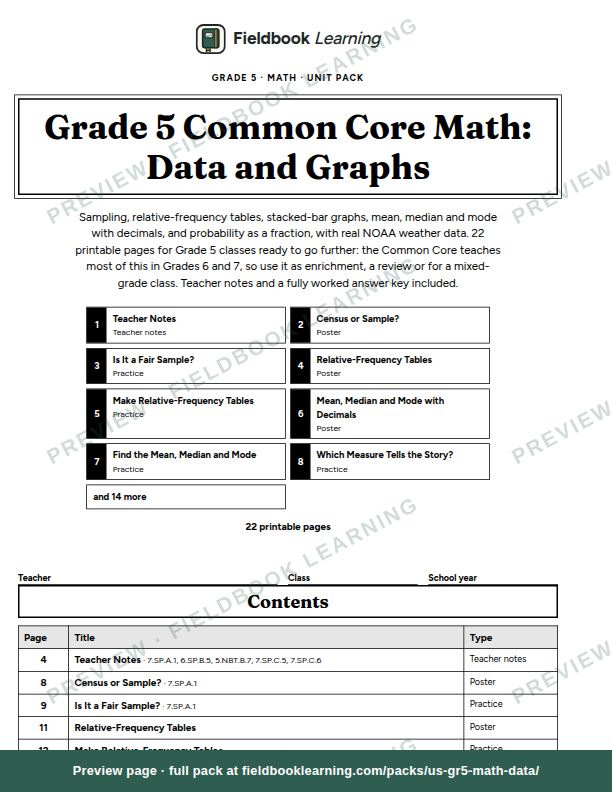 Cover page of Grade 5 Common Core Math: Data and Graphs
