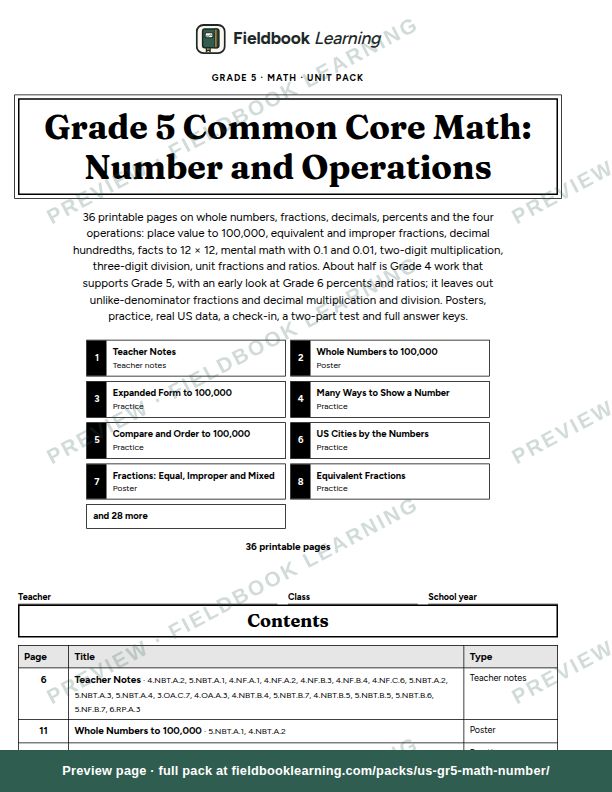 Cover page of Grade 5 Common Core Math: Number and Operations