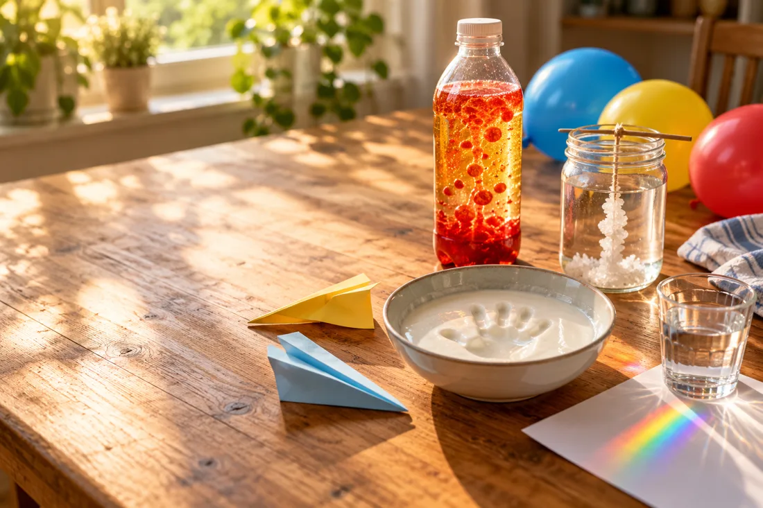 A kitchen table set up for experiments: a homemade lava lamp, oobleck, paper airplanes and a rainbow on paper