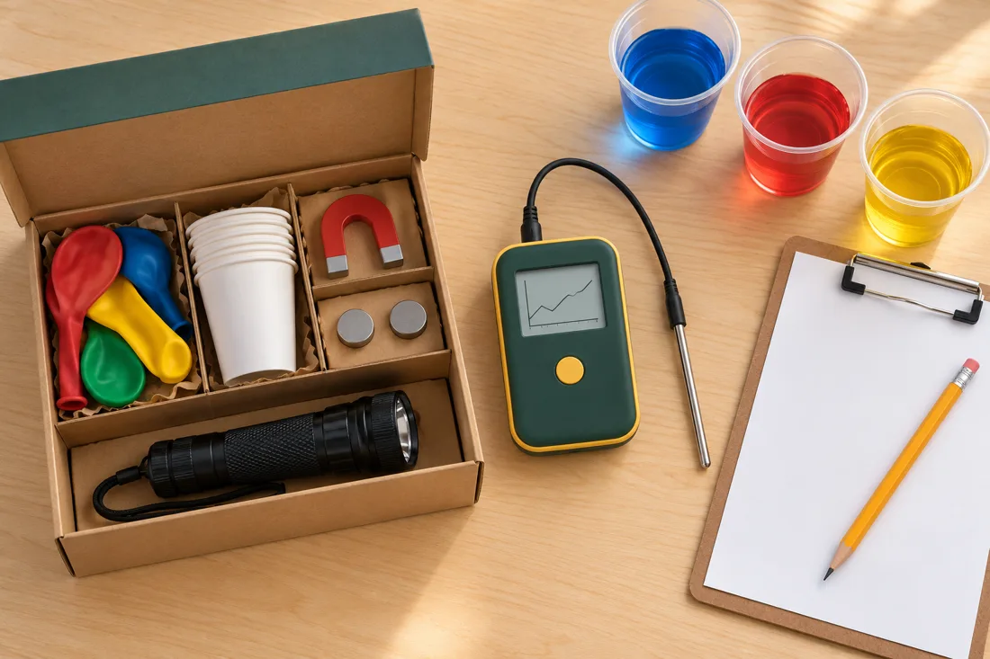 A Field Logger, a materials kit, balloons, magnets and cups of coloured water on a classroom table